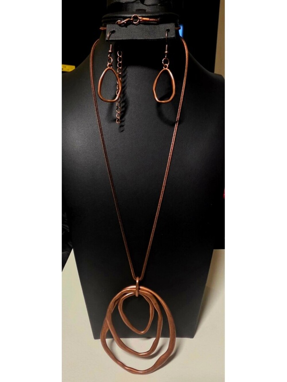 Copper Tone Geometric Pendant Necklace and Earrings Set
